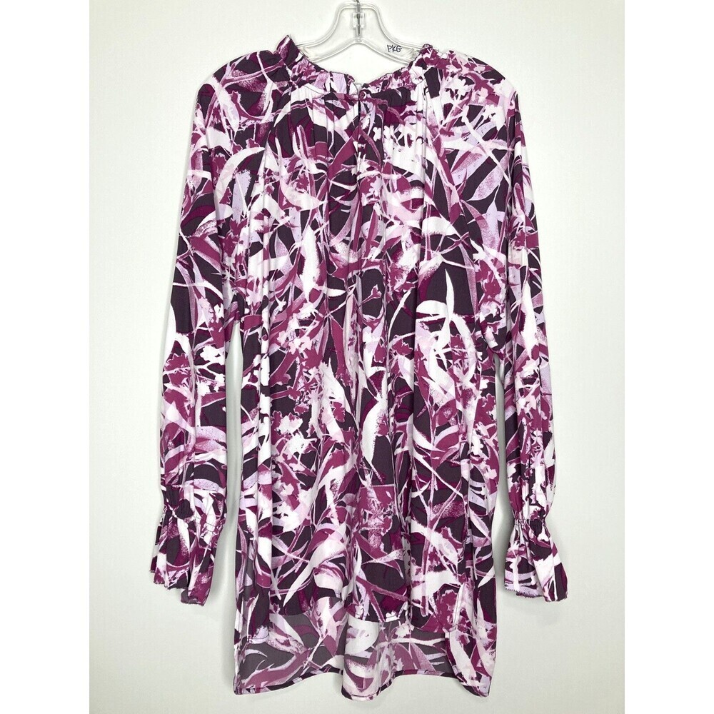 KAARI blue top XL Purple White Floral Long Sleeve Tunic Blouse Ruffle Collar‎